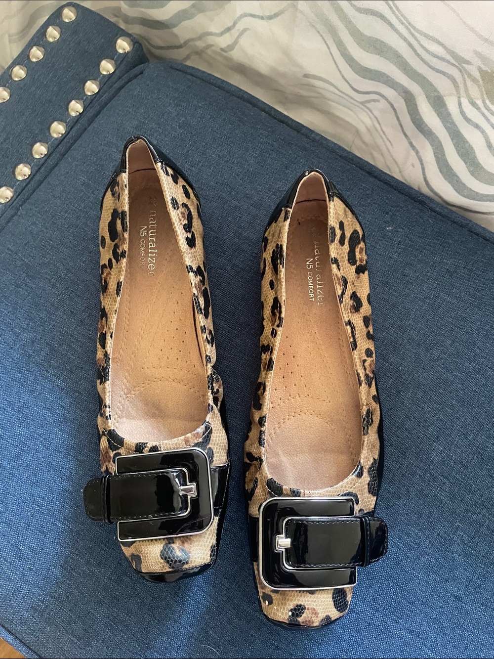 Naturalizer N5 Comfort Leopard Print Flats with Black Patent Buckle